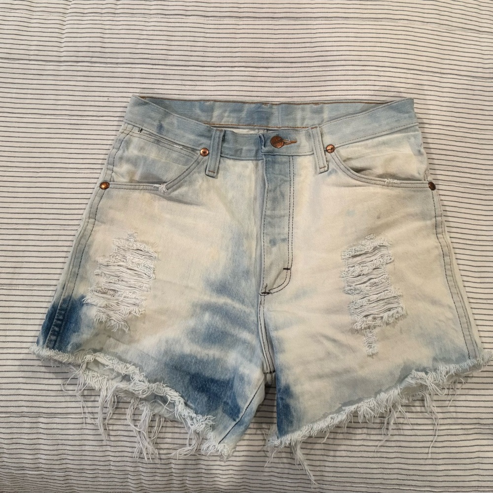 Wrangler Blue and White Jean Shorts with Distressed Details